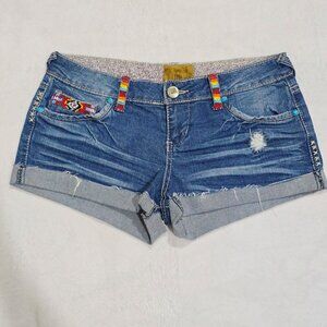 YNO Boho Denim Shorts – Distressed Blue Cutoffs w/ Woven Waistband Size 7/8 NWOT